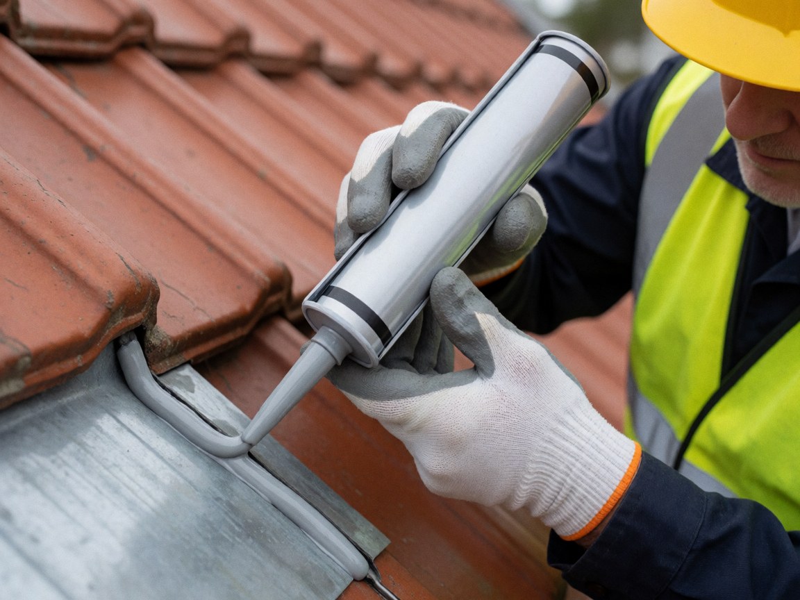 Worker applying gray silicone sealant to metal gutter joint with gloves, reflective vest, and yellow helmet