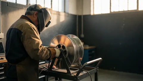 A welder adjusts a wire coil on a mobile cart inside an industrial workshop with gray walls and natural light from high windows.