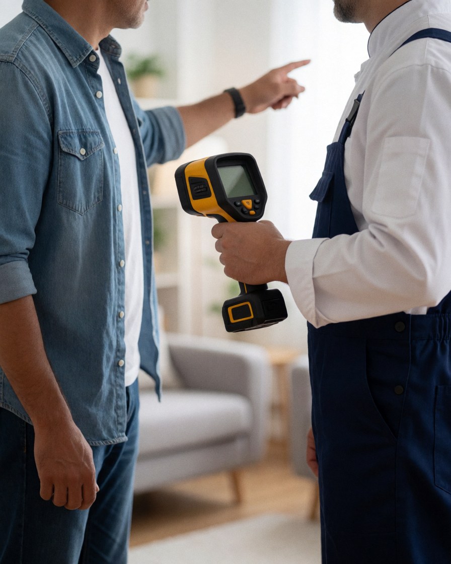 Plumber with thermal camera inspecting wall in modern living room while client points out problem