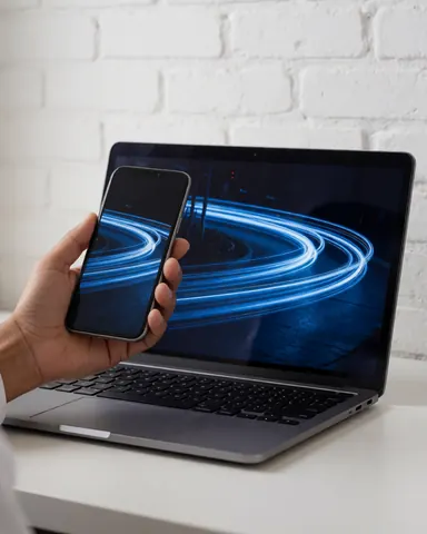 Hand holding a smartphone next to a laptop displaying the same blue light image against a white brick wall.