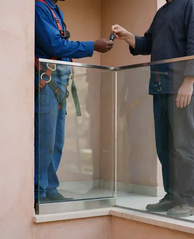 Worker in harness hands keys to client on glass balcony with terracotta walls and morning light