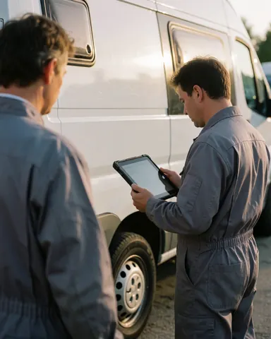 Technician in coveralls checks a white camper with a tablet at sunset, client standing nearby, RV repair scene.