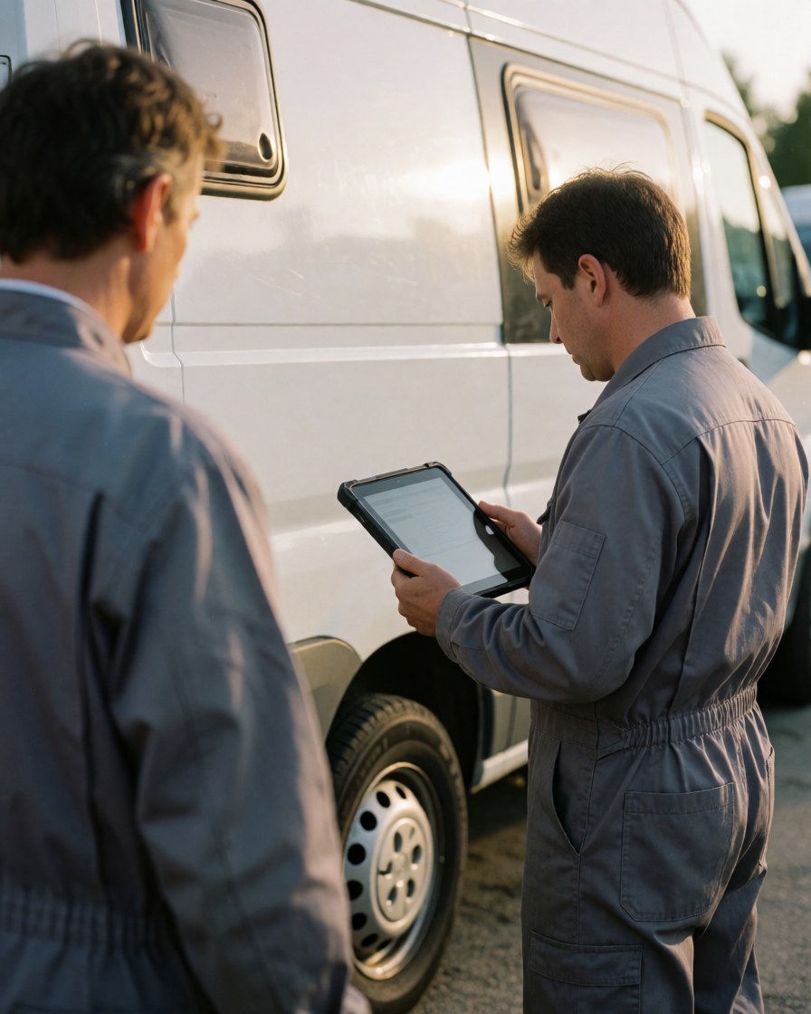 Technician in coveralls checks a white camper with a tablet at sunset, client standing nearby, RV repair scene.