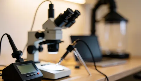 Work background with digital microscope, soldering station and fume extractor in a cell repair shop, warm and professional lighting.