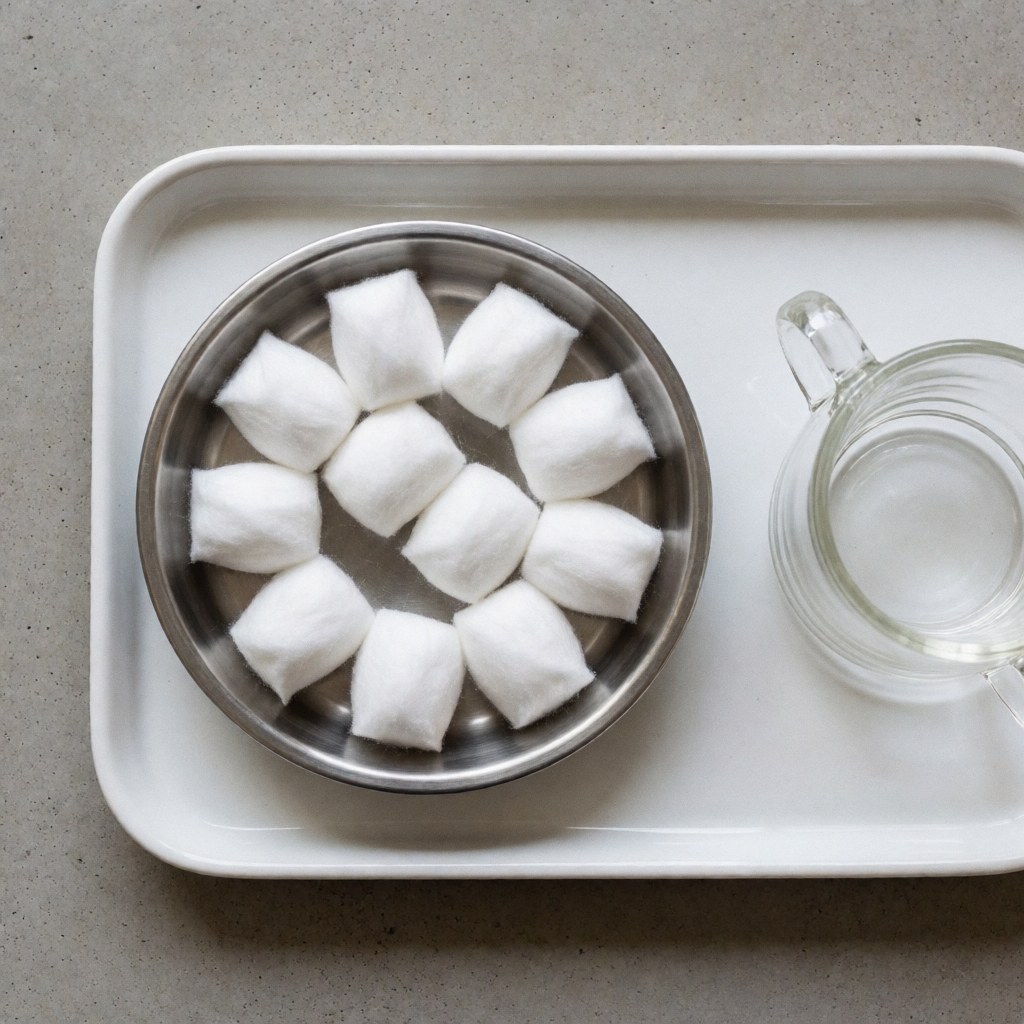 Wet cotton swabs in a metal container on a white tray next to a glass, prepared for cupping massage treatment