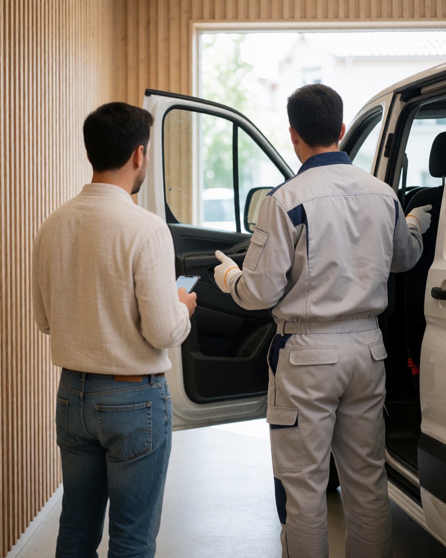 Technician in uniform and client with phone standing next to an open van in a wood-walled space with natural light
