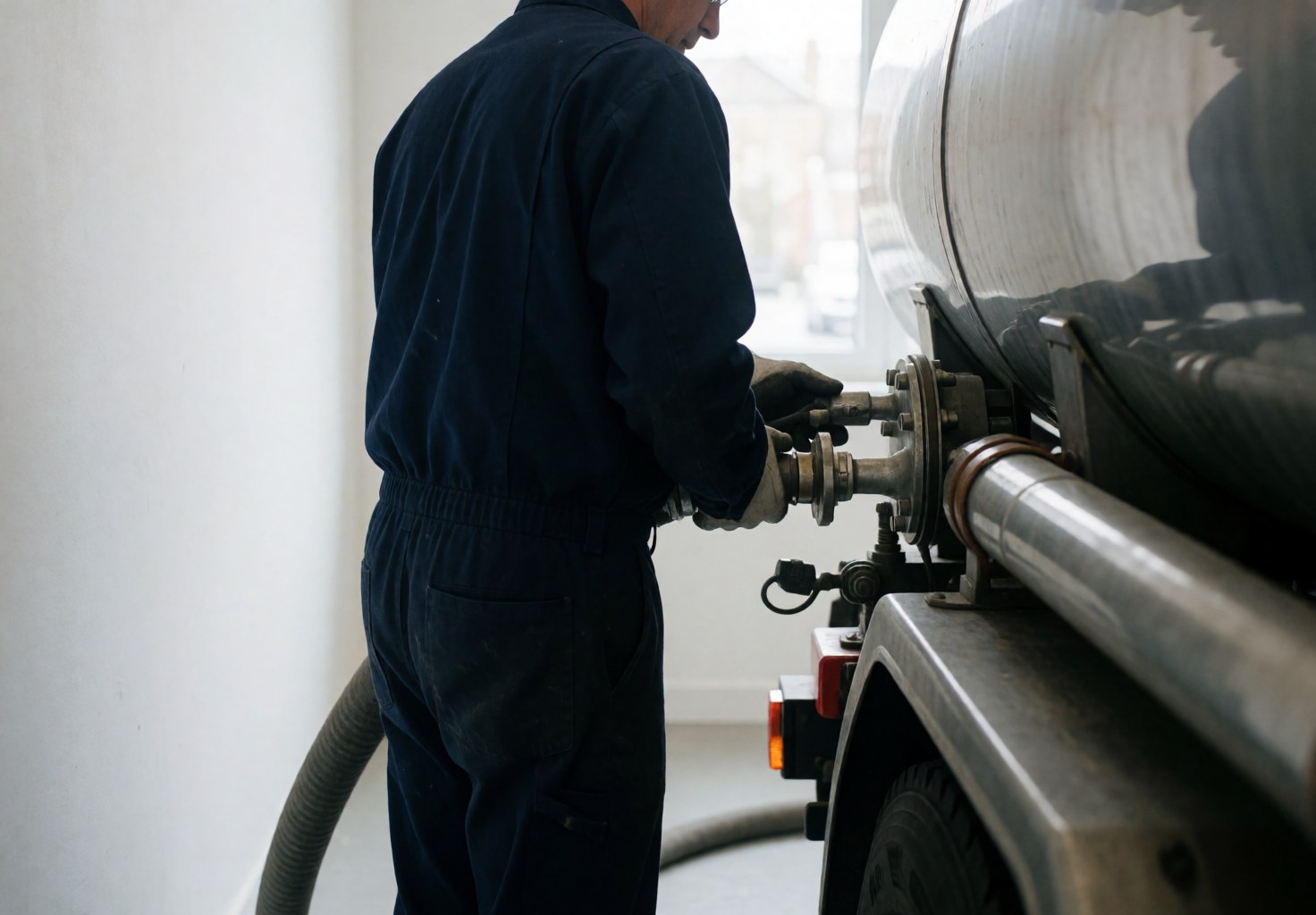 Worker in dark uniform connects a hose to an industrial water truck with white walls and natural light