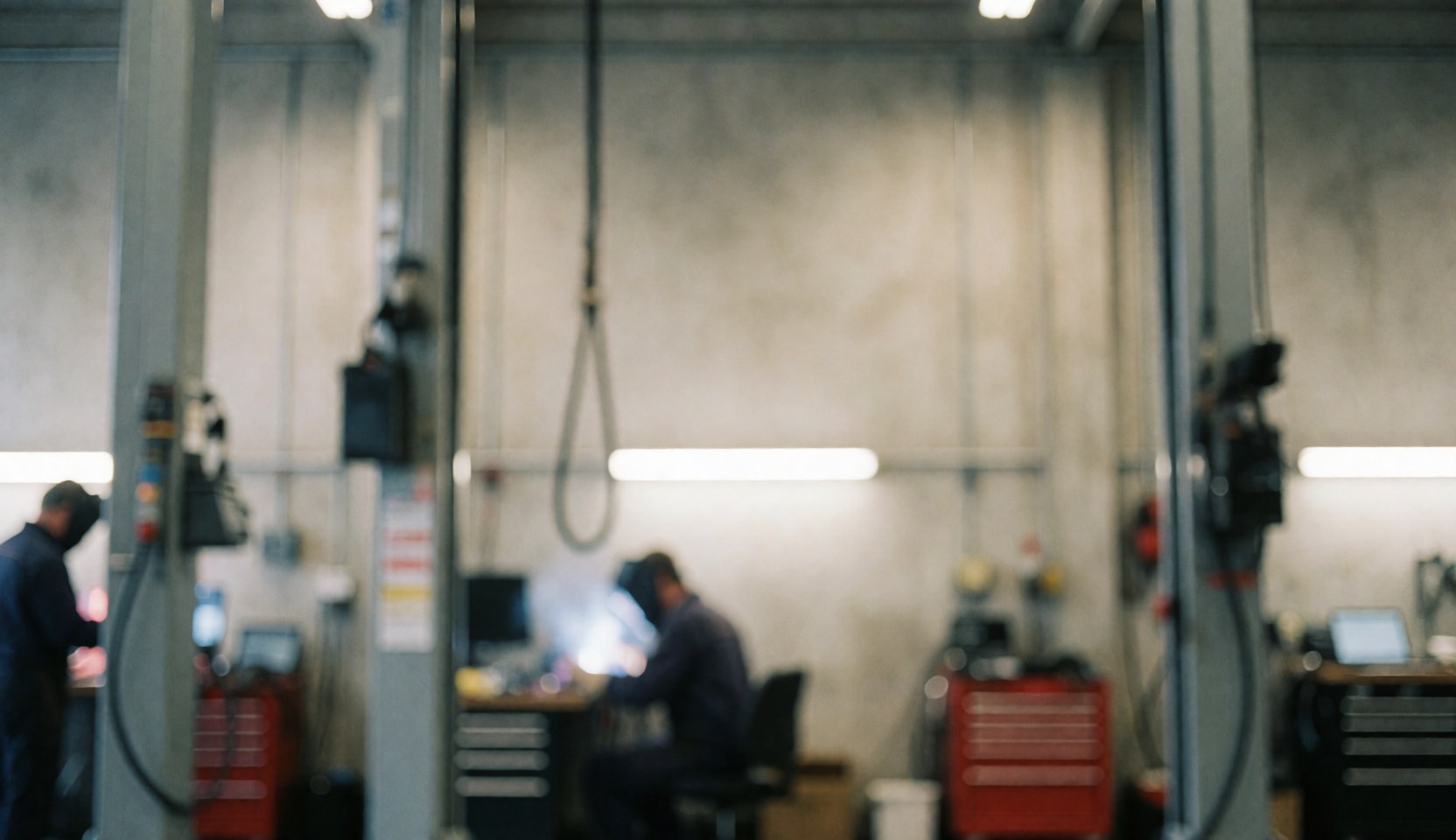 Out-of-focus background of an auto repair garage featuring vehicle lifts, concrete walls, and overhead lighting, suitable for text overlay.