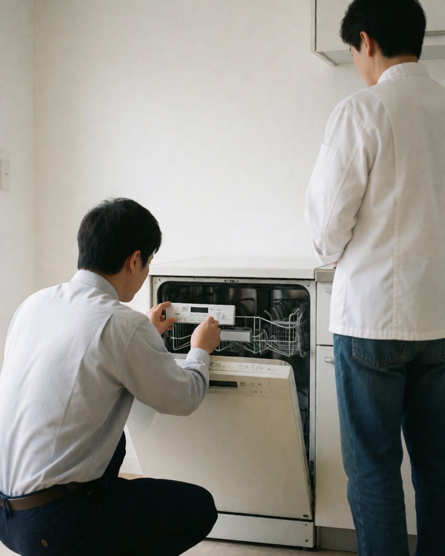 Technician checks the control panel of an open dishwasher in a modern kitchen with natural light and white walls.