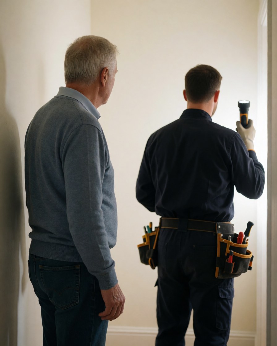 A customer observes a plumber holding a flashlight in a hallway with cream-colored walls.