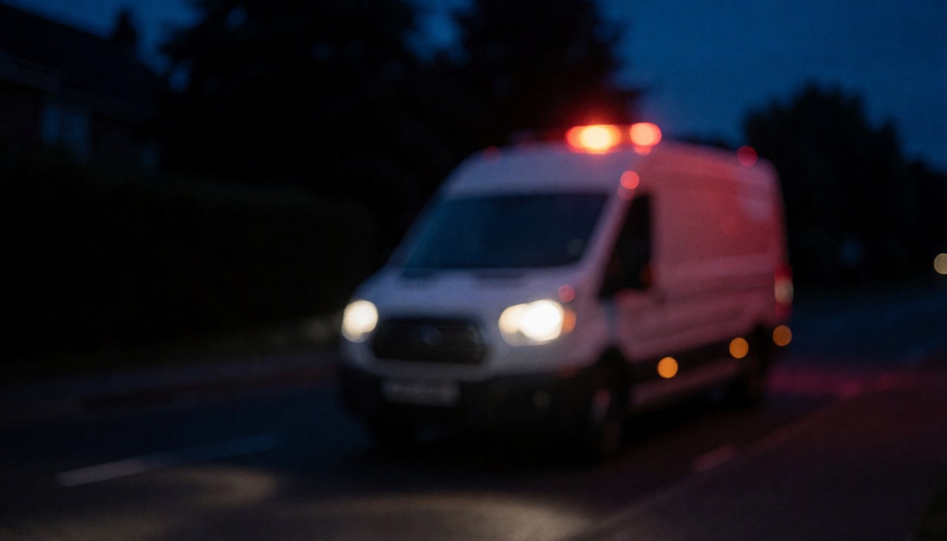 Blurred background of a night street with a white truck and red emergency lights, suitable for boiler repair services.