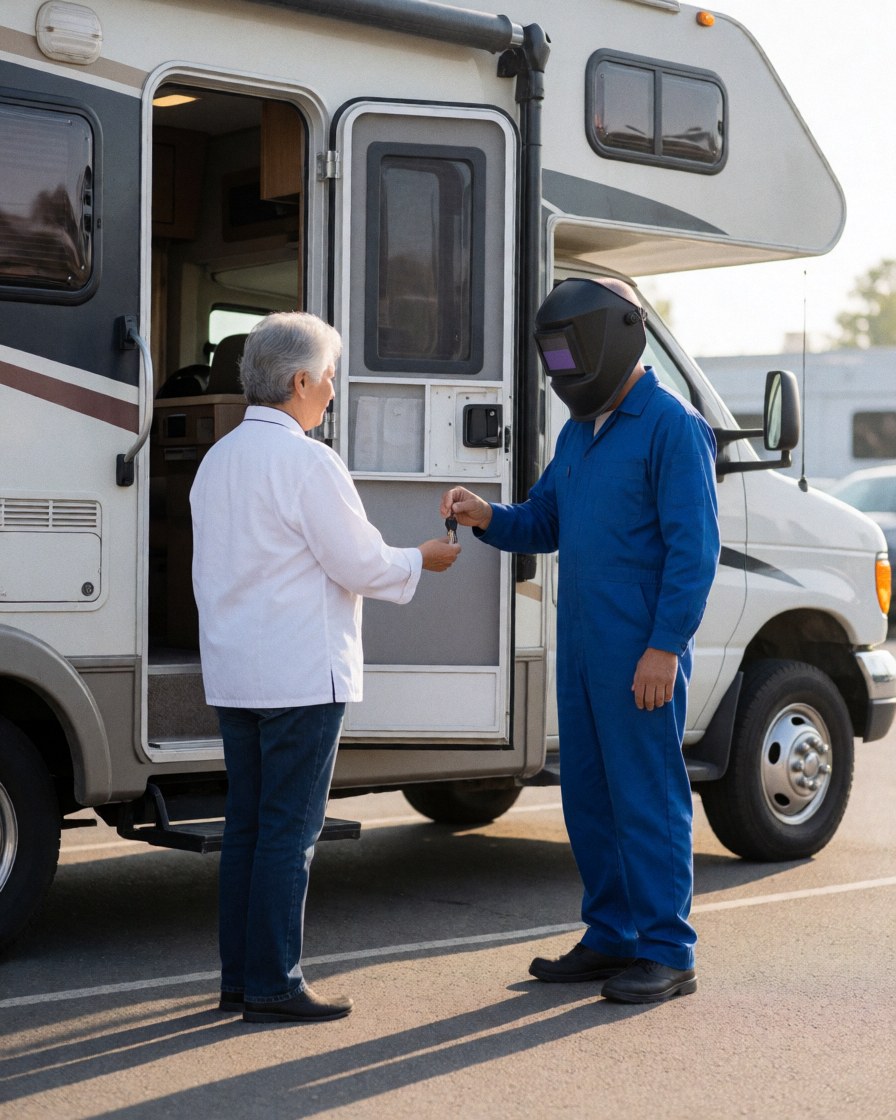 Mechanic in blue uniform and welding helmet hands keys to a customer standing near an open camper in an outdoor lot during morning light.