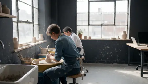 Hands shaping wet clay on a spinning pottery wheel in a workshop with gray walls and industrial windows