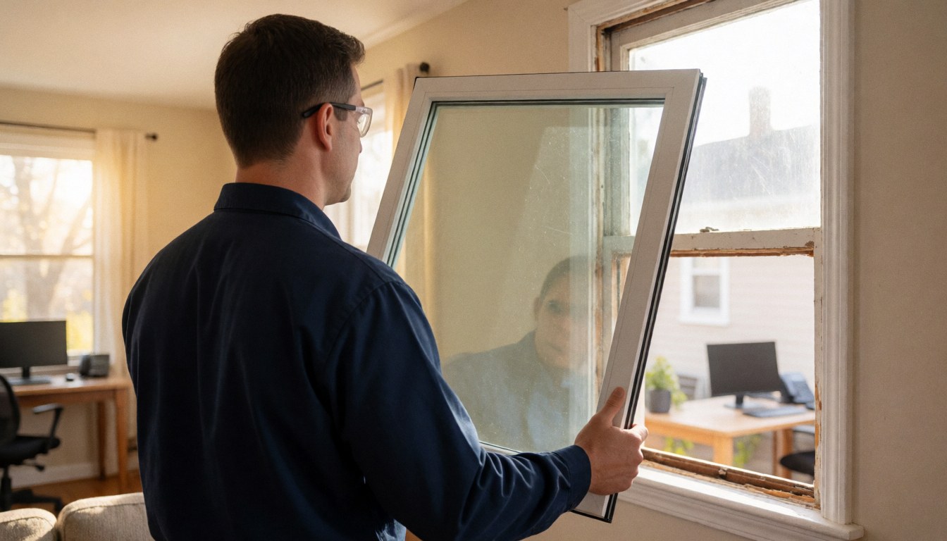 Worker installing a new white vinyl insulated window with double glazing in a home, showing the old window removed and natural light entering the room.