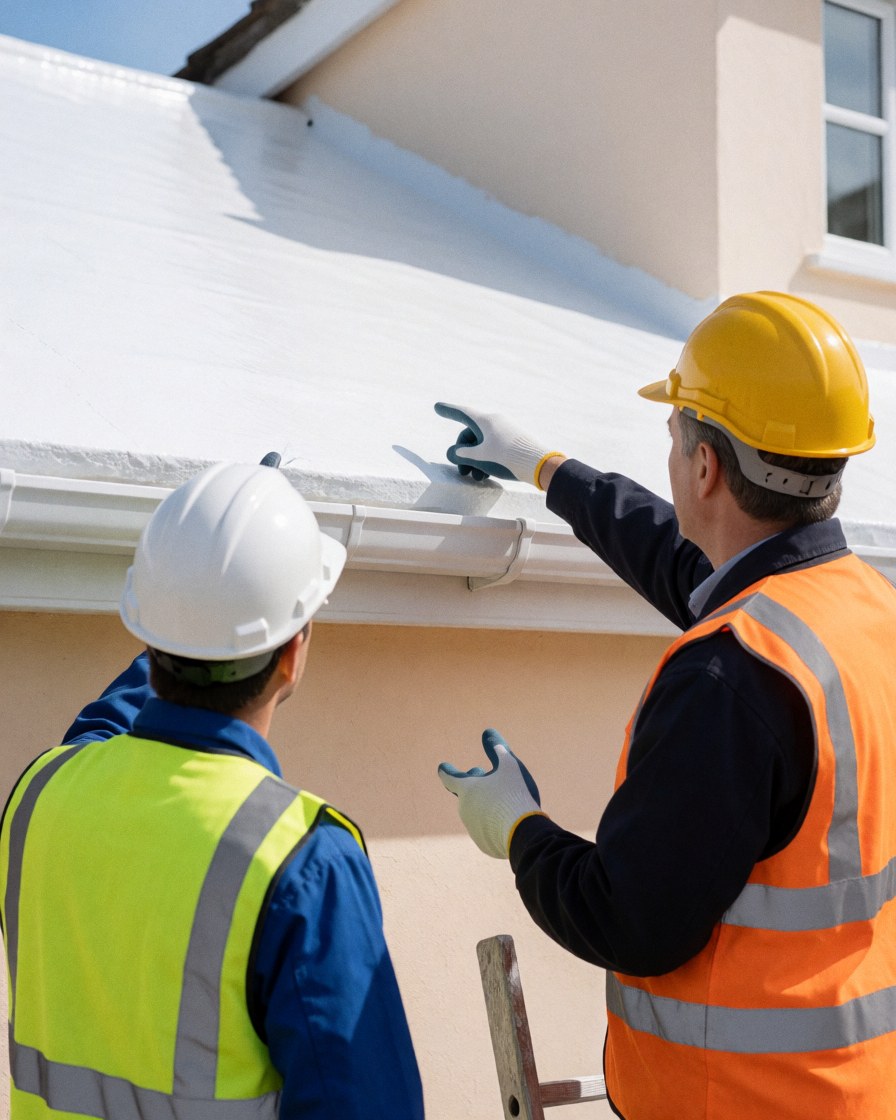 Two roof repair technicians wearing safety helmets and vests inspect a newly painted white roof during a service call.
