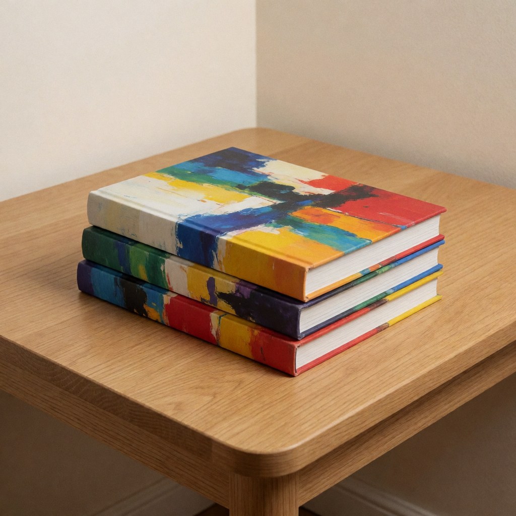 Three books with artistic covers on a light wooden table against soft beige walls, ideal for Spanish class.