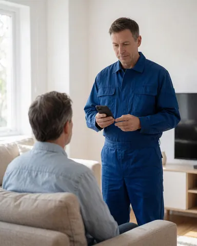 A technician in a blue uniform shows something on his phone to a seated customer in a modern living room with natural light.