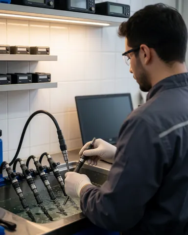 Mechanic wearing gloves cleans fuel injectors in an ultrasonic bath within a professional workshop with white tiled walls and electronic equipment on shelves.