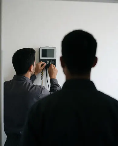 Technician adjusting a heating thermostat while a customer watches from behind against a white wall during a repair service