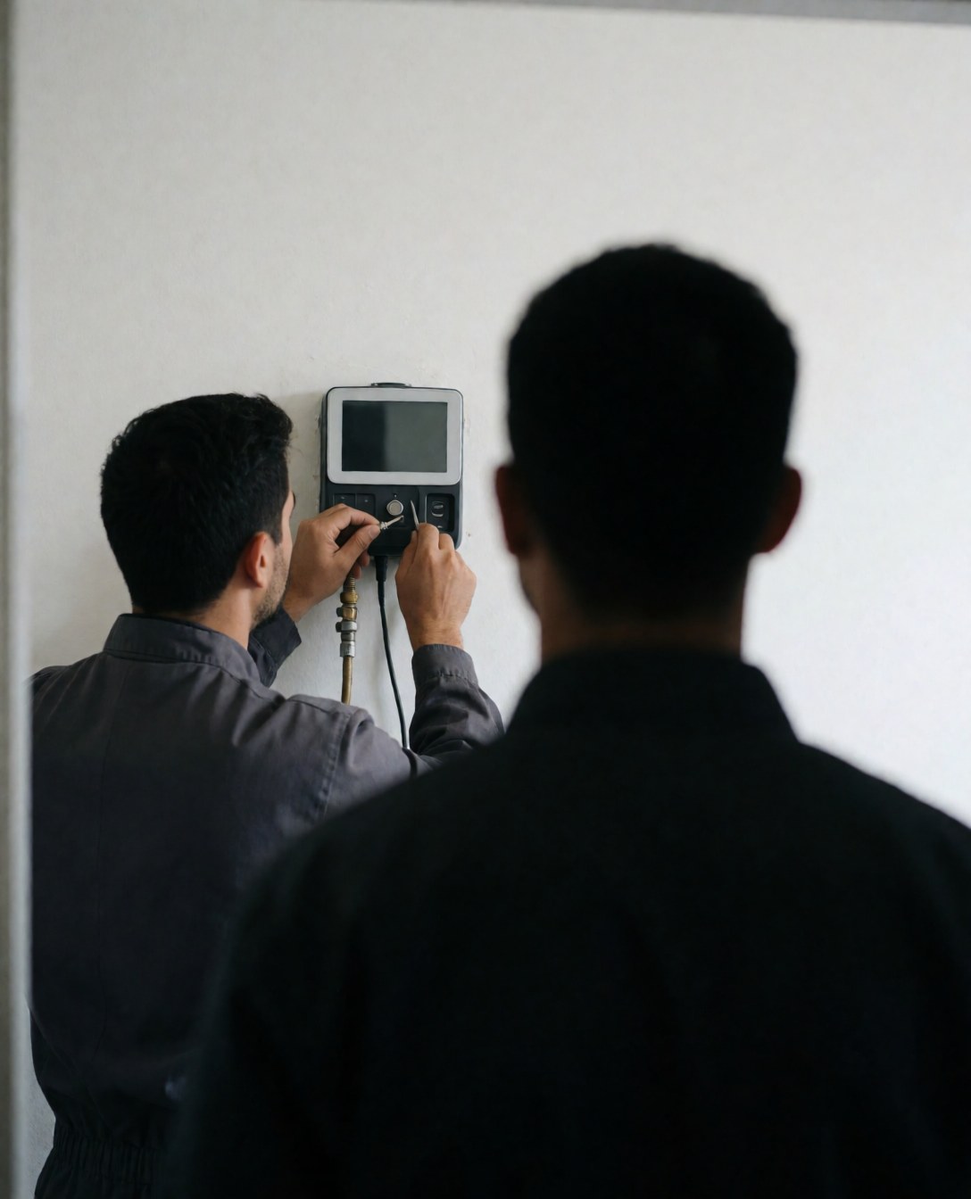 Technician adjusting a heating thermostat while a customer watches from behind against a white wall during a repair service