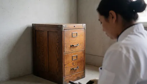 A restored wooden cabinet featuring aged metal hardware, displayed in a workshop with concrete walls and natural lighting.