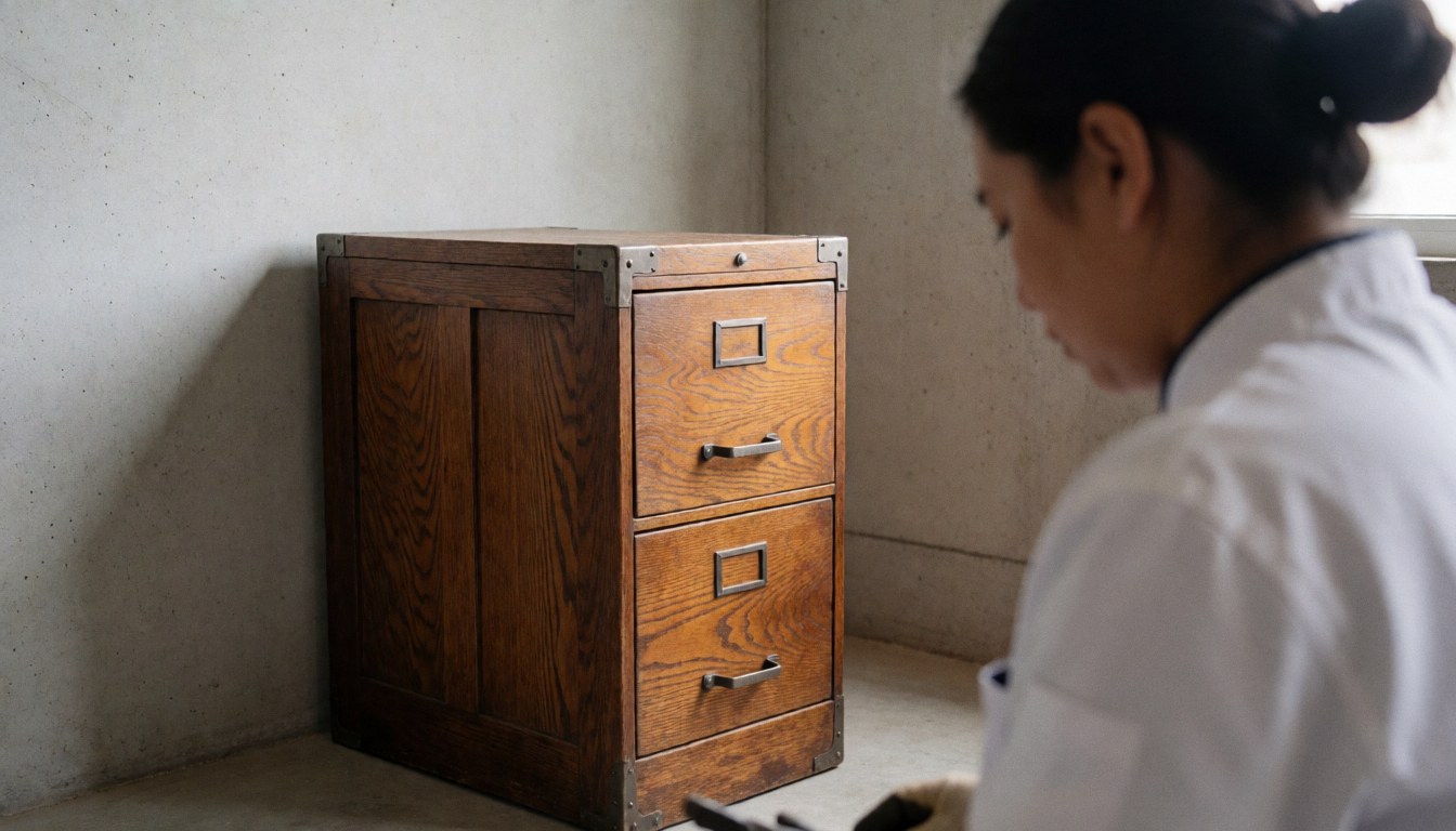 A restored wooden cabinet featuring aged metal hardware, displayed in a workshop with concrete walls and natural lighting.