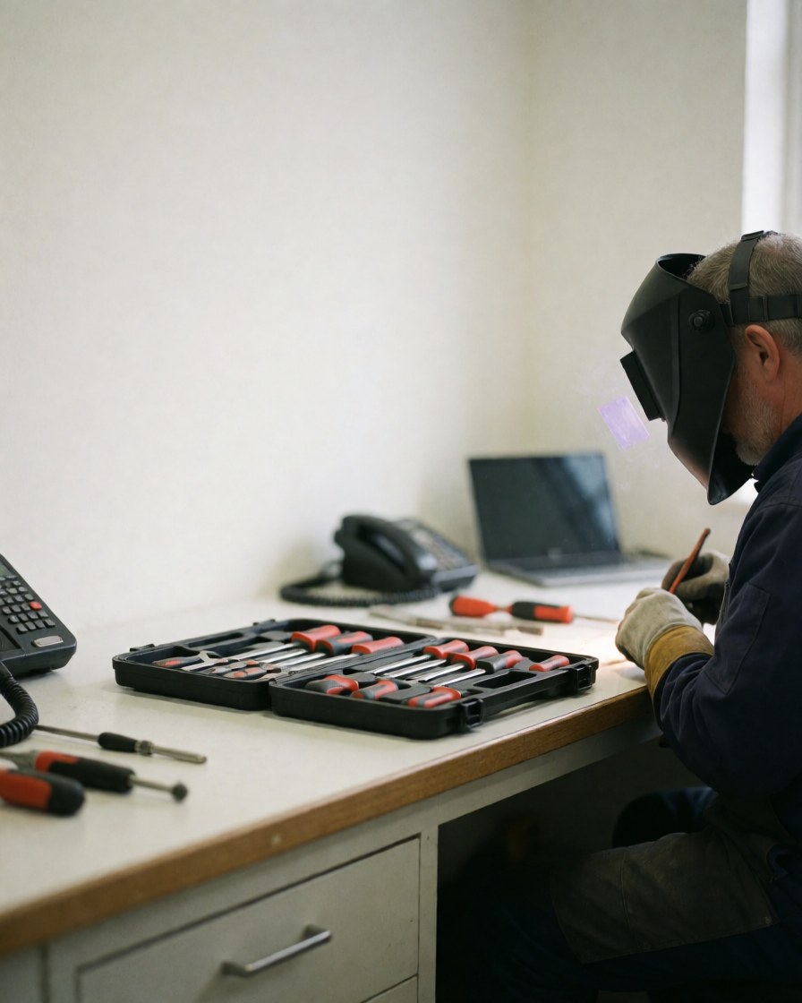 Close-up of hands using a soldering iron and tools on a workbench in a well-lit phone repair shop.