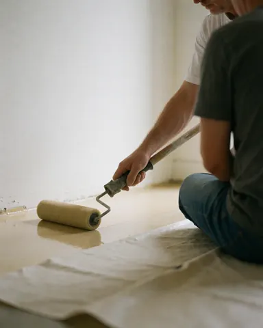Installer applying finish to cork flooring with a roller while a client sits on a protective sheet nearby