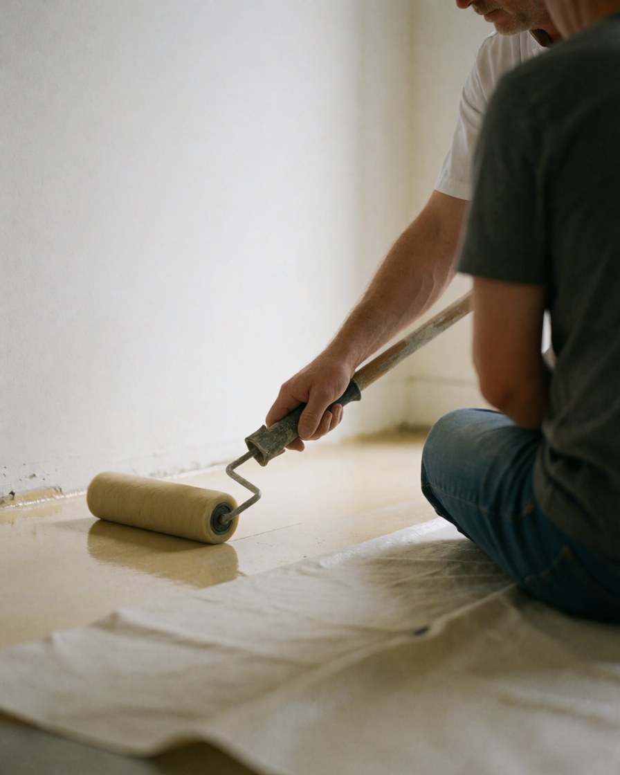 Installer applying finish to cork flooring with a roller while a client sits on a protective sheet nearby