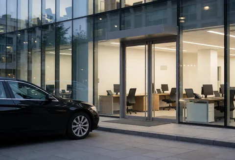 Black sedan parked outside a modern office building with glass doors and illuminated interior offices visible through the windows.