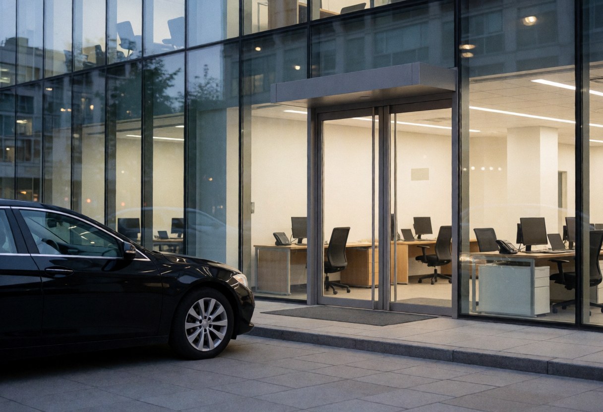 Black sedan parked outside a modern office building with glass doors and illuminated interior offices visible through the windows.