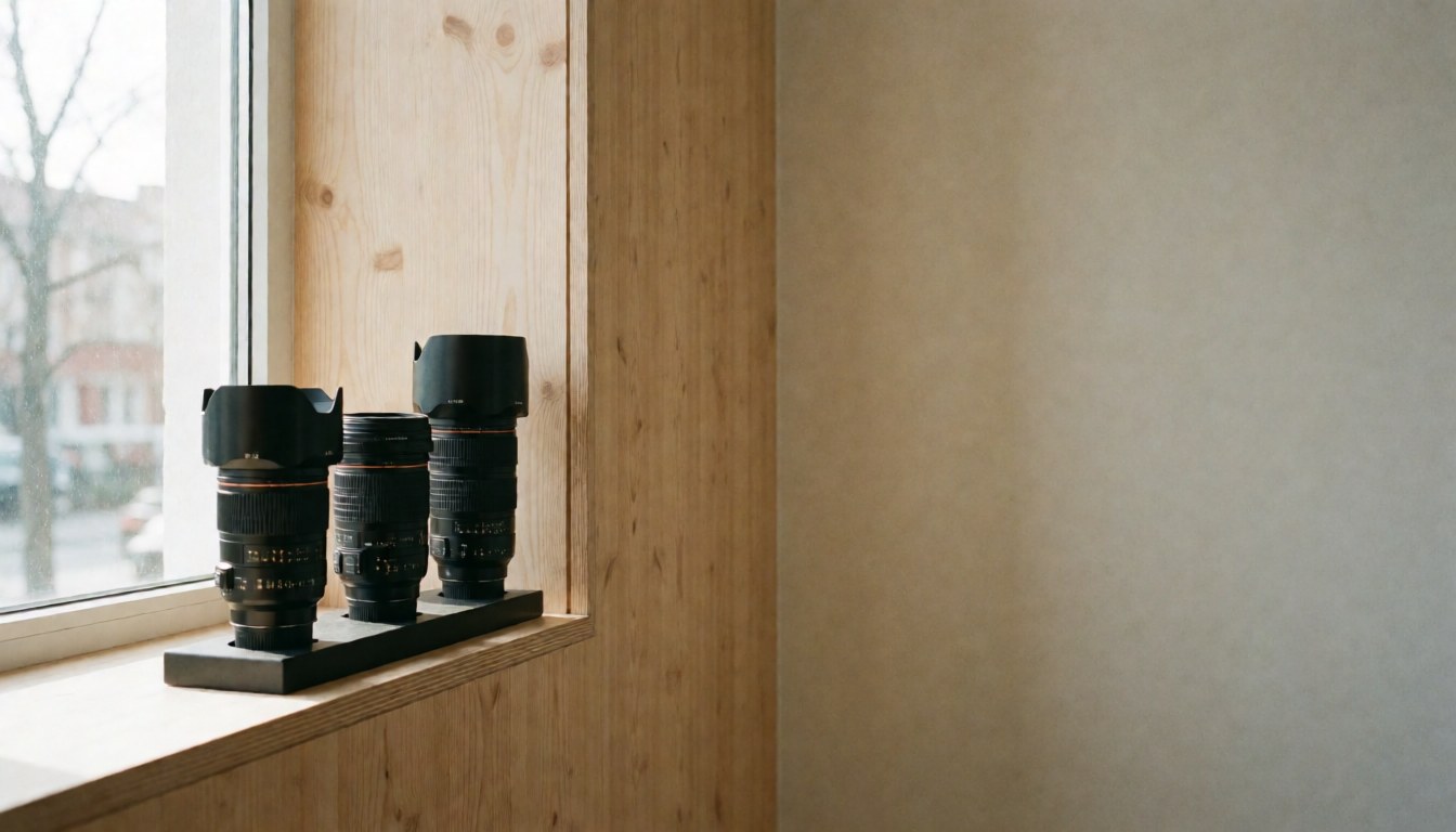 Three camera lenses on a stand by a window with natural light and light wood walls, suitable for a photography studio cover