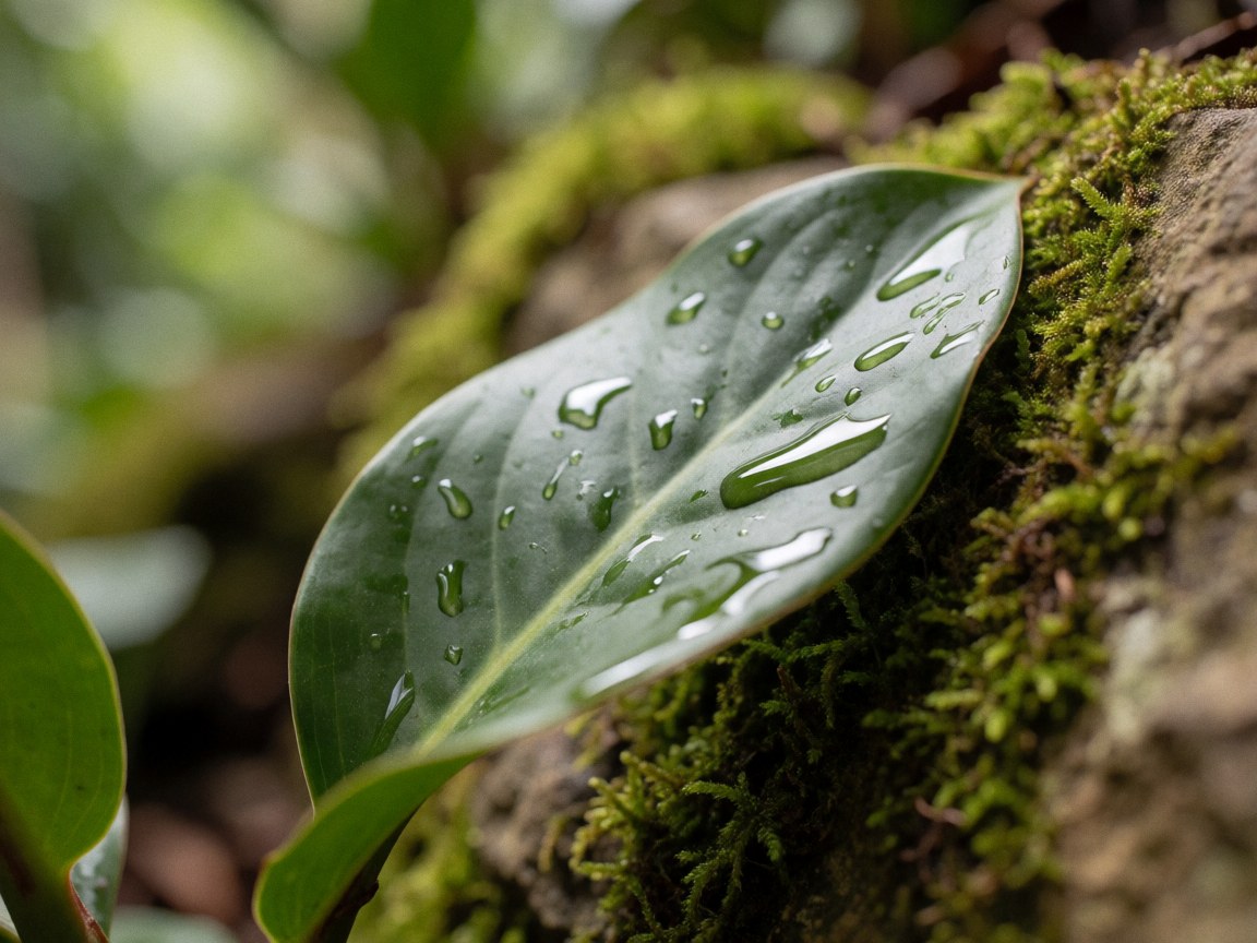 Close-up of an andean leaf with water droplets resting on a moss-covered stone, providing an organic texture and blurred natural background for zoo landscaping.