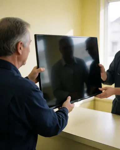 Technician hands over a repaired television to a customer in a workshop with yellow walls and natural light