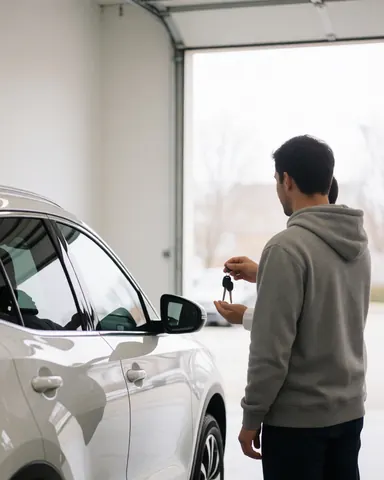 A customer receiving the keys to a white SUV in a professional car wash setting with natural light and white walls