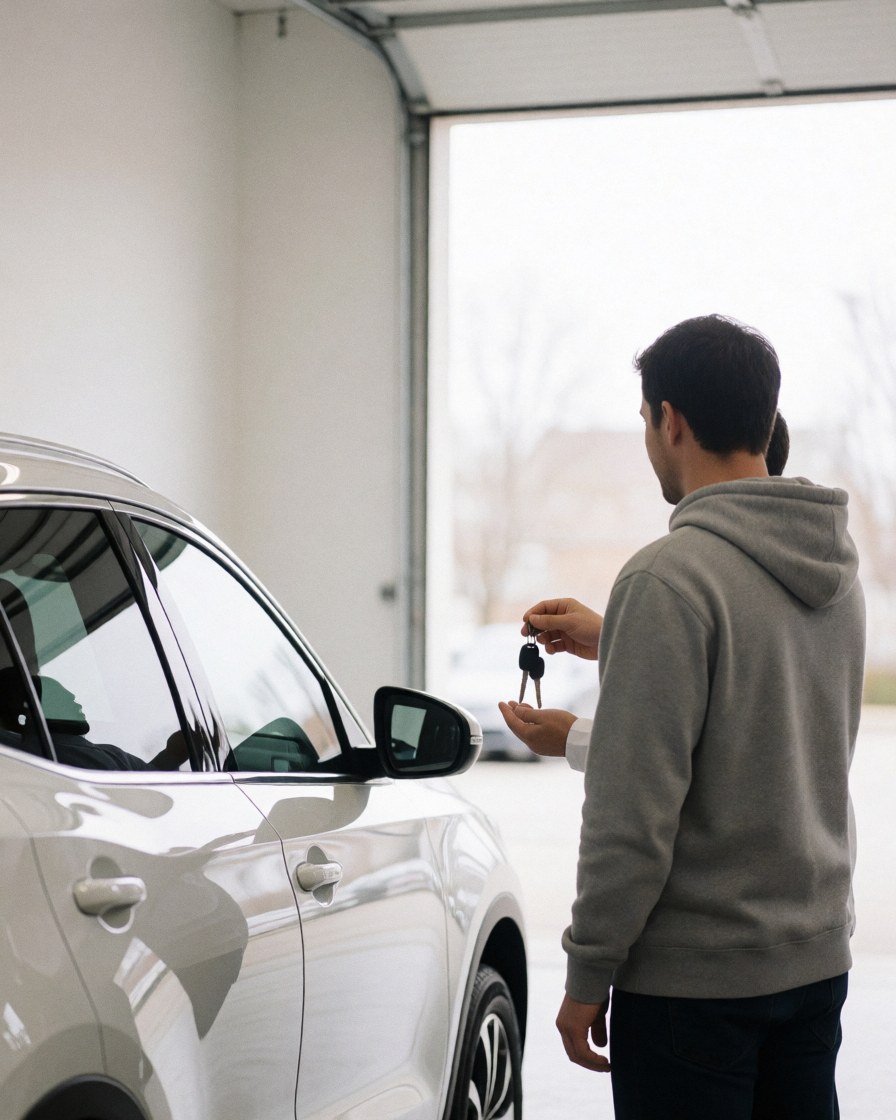 A customer receiving the keys to a white SUV in a professional car wash setting with natural light and white walls