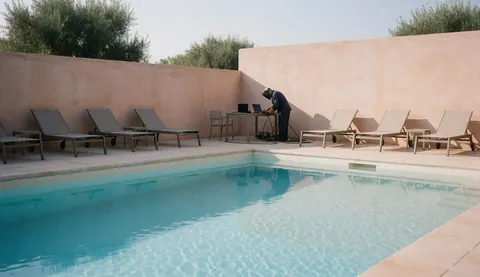 A person works in the public pool area with lounge chairs and terracotta walls under morning light.