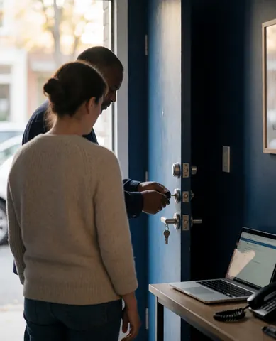 A locksmith tests a lock with a key while a customer watches, with a laptop and phone on a desk against a dark blue wall.