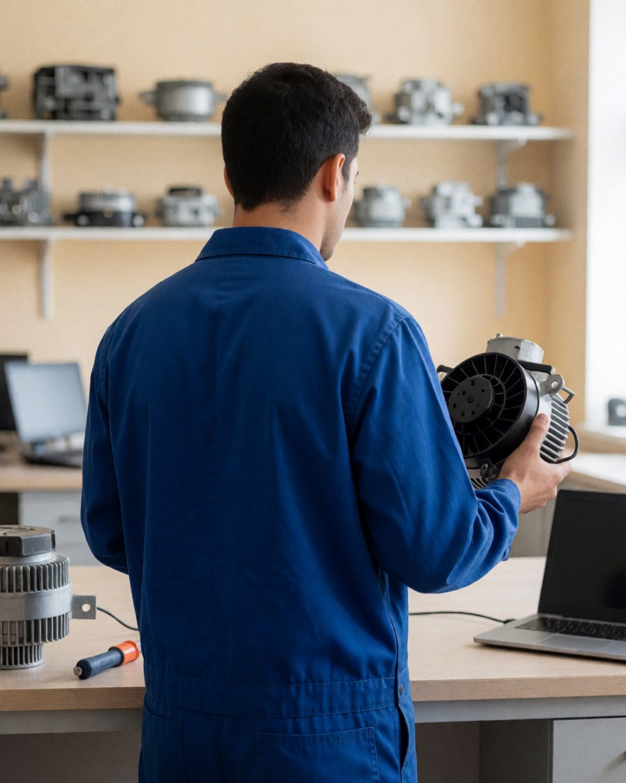Technician holding a new refrigerator motor with shelves of parts in a professional and tidy workspace.