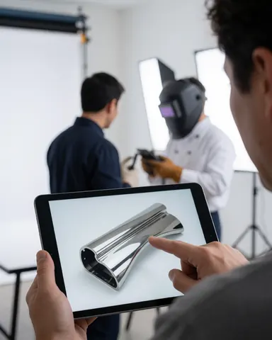 A satisfied client inspects a digital image of a metallic component on a tablet in a professional studio setting.