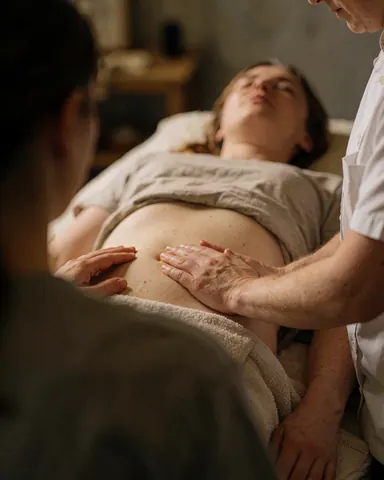 Therapist performing abdominal massage on client in warm, relaxing spa room