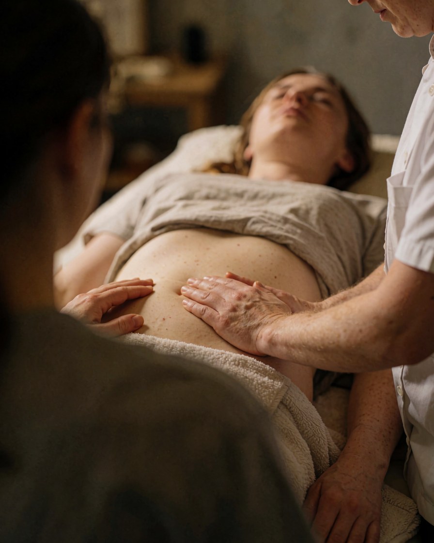 Therapist performing abdominal massage on client in warm, relaxing spa room