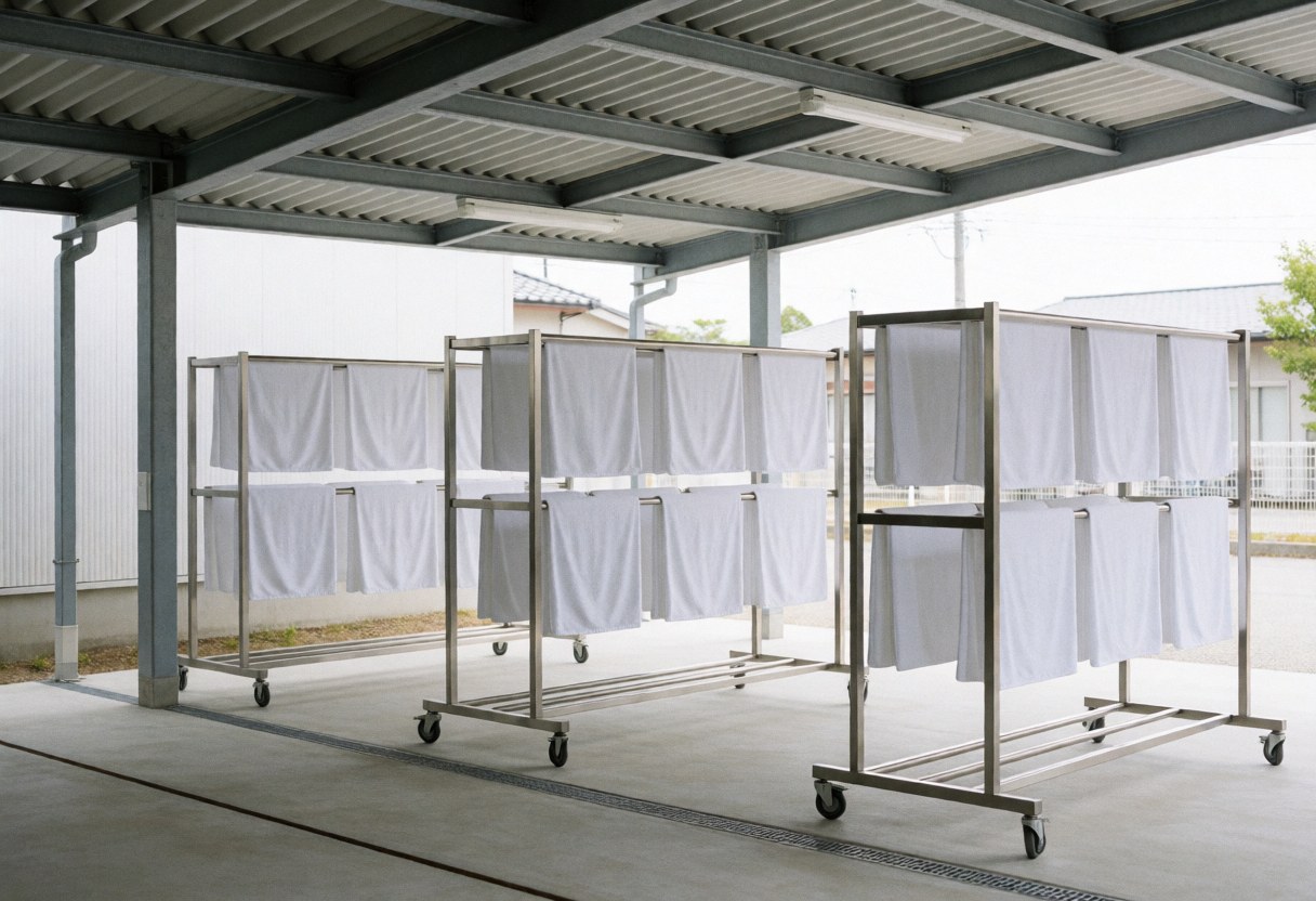 White microfiber towel racks in a covered corrugated metal drying area with concrete floor and diffused natural light