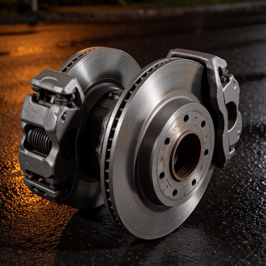 Truck brake discs and calipers resting on wet asphalt, reflecting street light in a nighttime industrial scene.
