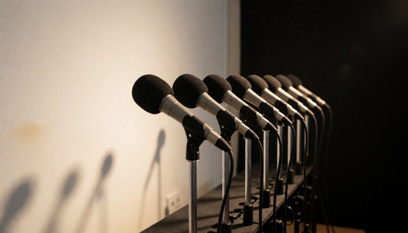 Dynamic microphones mounted on metal stands ready for events, set against a white wall with warm lighting for professional sound.