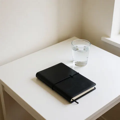 A black notebook and a glass of water sit on a white table in a bright room with warm white walls and natural light.