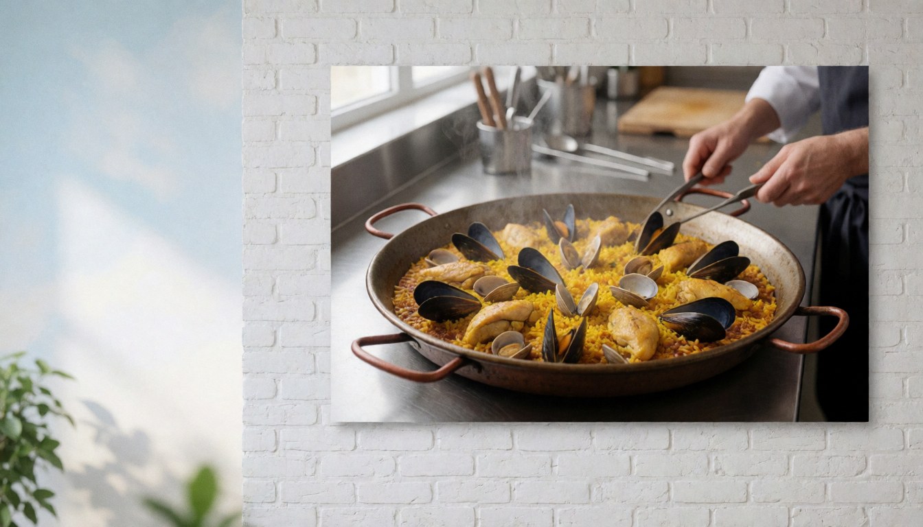 Seafood and chicken paella served in a copper pan on a white brick kitchen counter with natural light