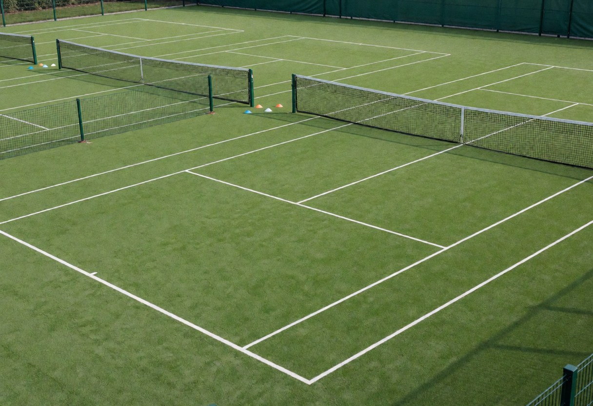 Three outdoor tennis courts with green synthetic surfaces, white boundary lines, and nets, ideal for tennis training.