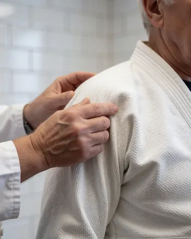 Instructor adjusting a student's shoulder during martial arts training in a white gi against tiled walls