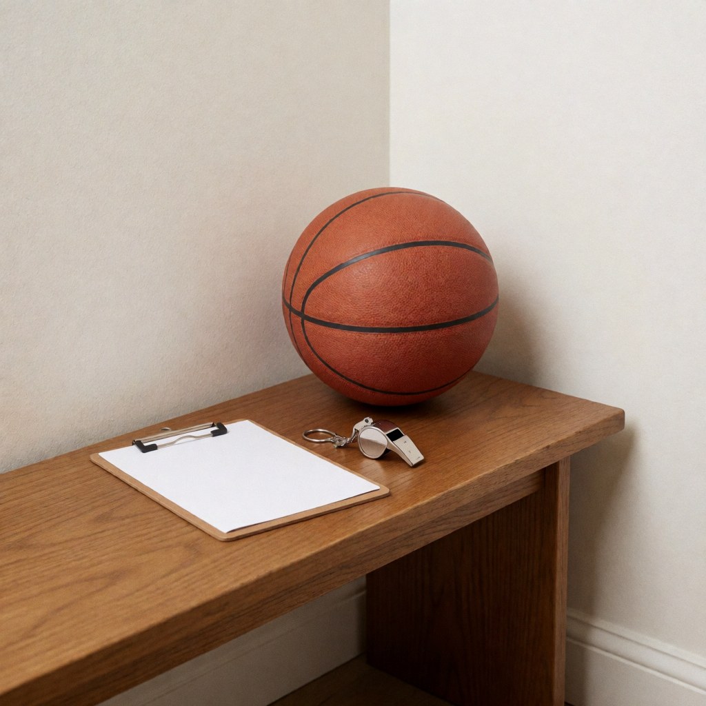 Basketball whistle, ball, and clipboard with paper on a wooden table against a warm white wall, ideal for a basketball coach.